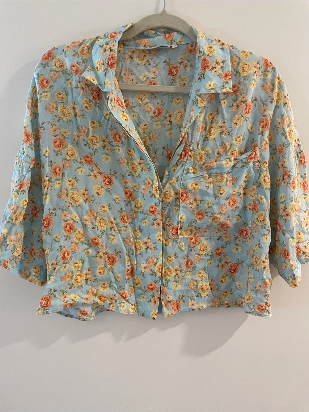 Zara Light Blue Floral crop Button-Down Shirt